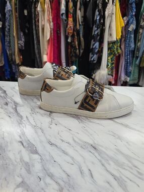 Fendi White Leather Slip-On Sneakers with Brown FF Logo Strap